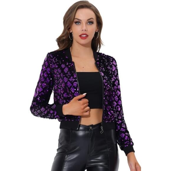 Jackets & Blazers - Women's Sequin Jacket Casual Long Sleeve Zipper Fall Winter Shiny